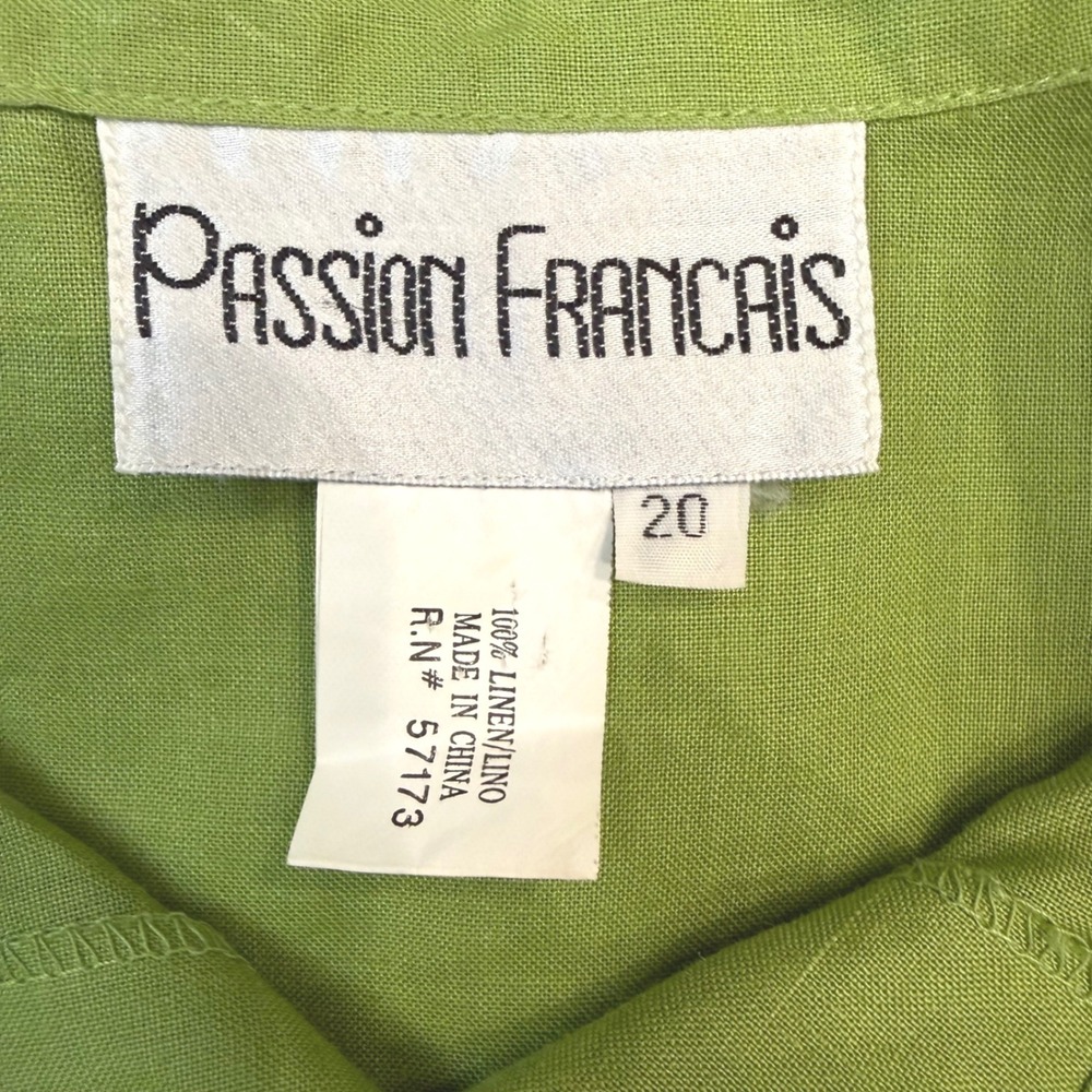 Passion Francais Vtg Lime Green 100% Linen Embroidered Button Down Shirt Sz 20 - Picture 5 of 8